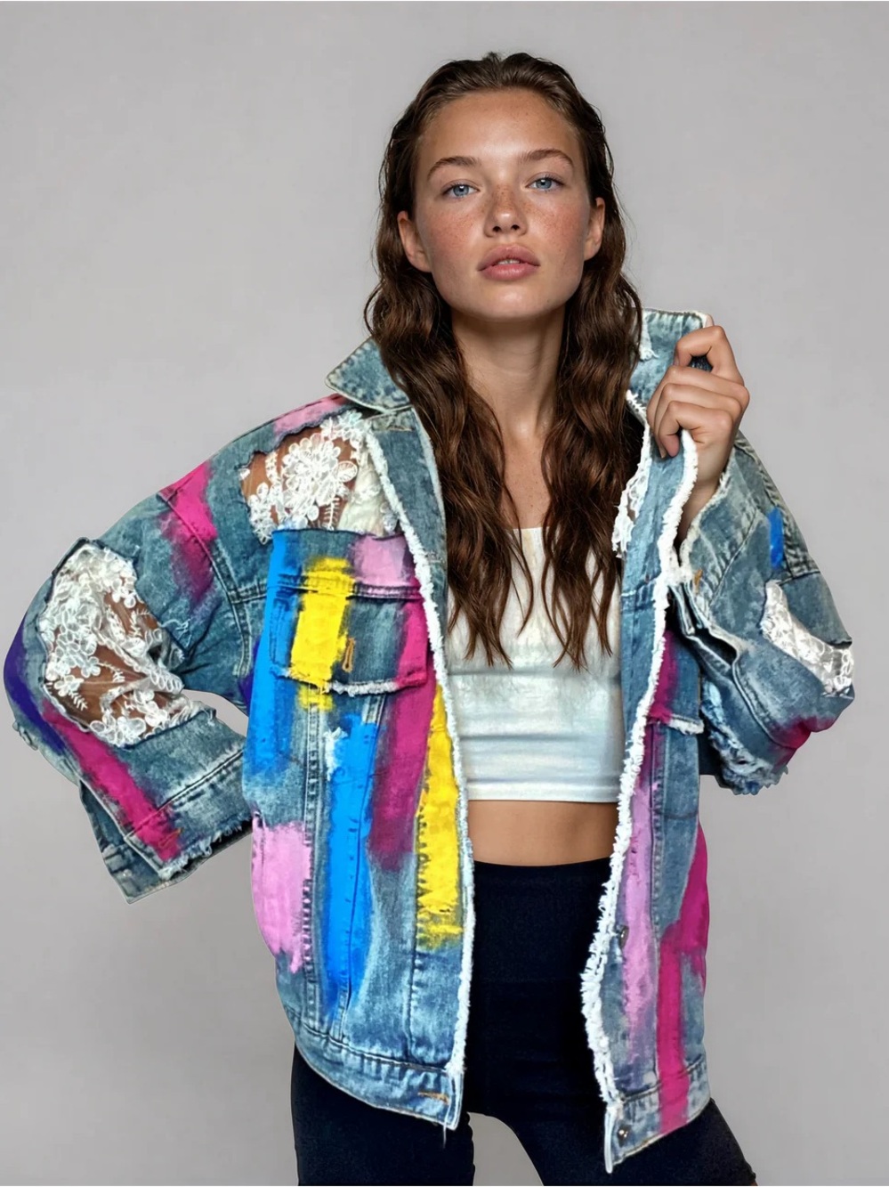 Wren + Glory "Rainbows and Lace" Denim Jacket Size S-M